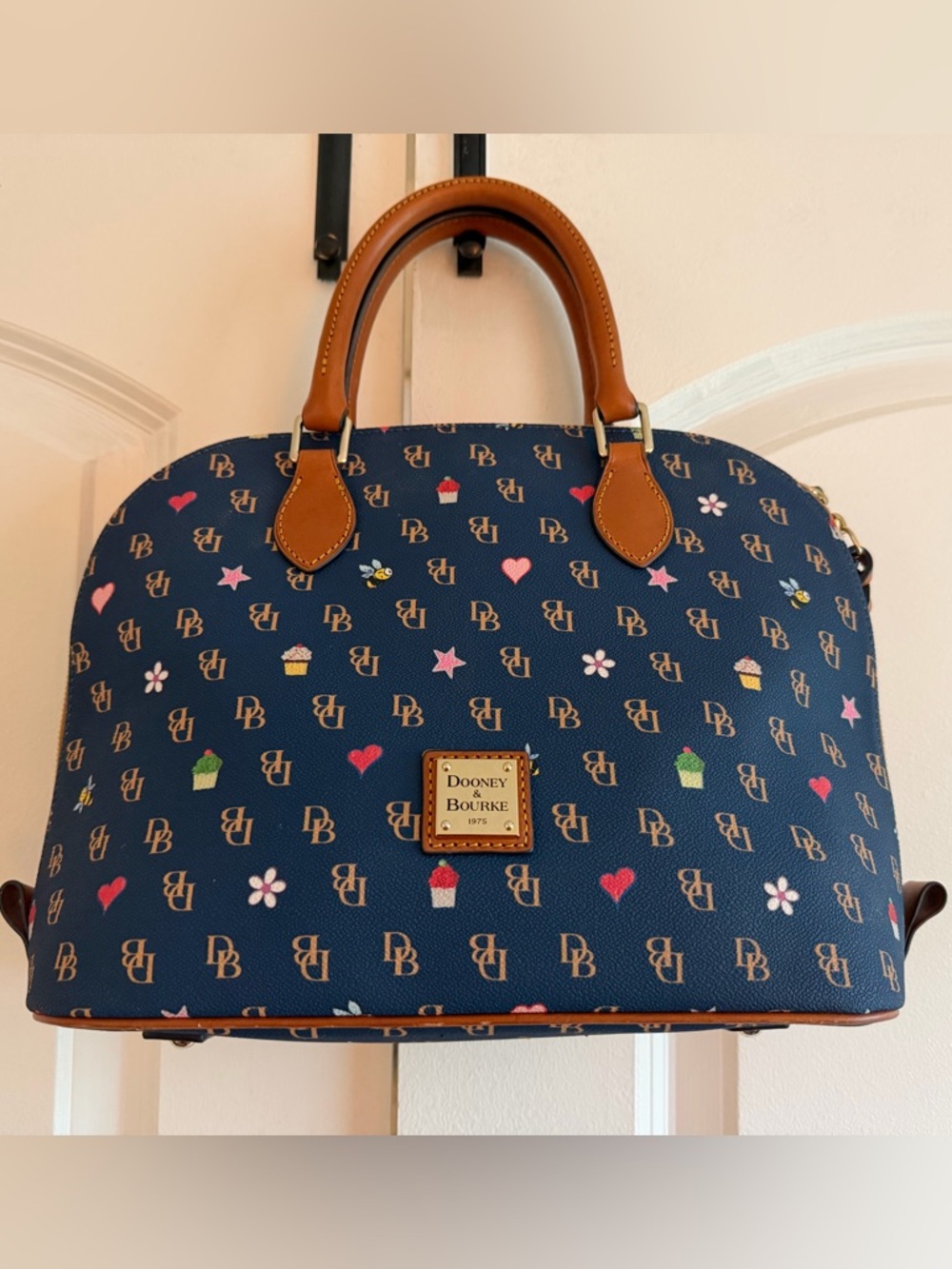 Dooney & Bourke Navy Brown Cupcakes Hearts Gretta Flower Leather Satchel Purse